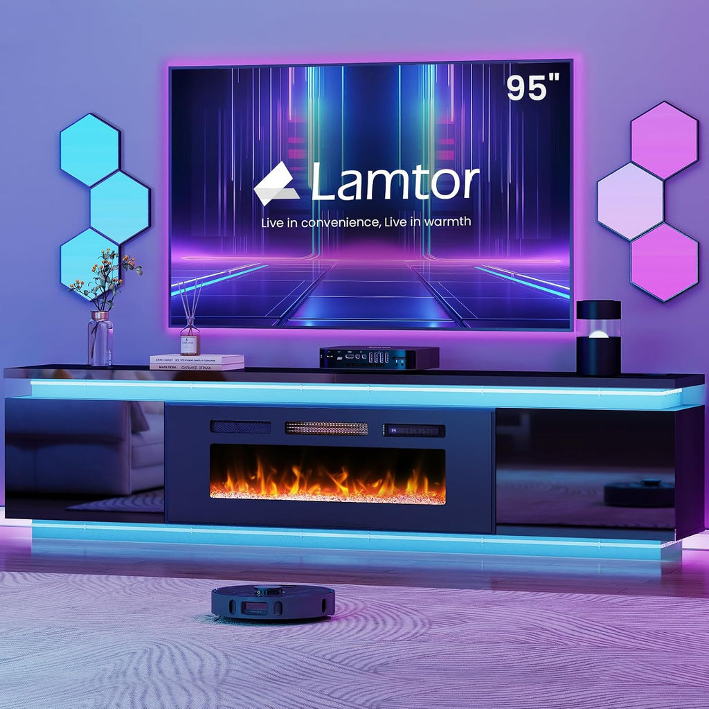 Lamtor Fireplace TV-Stand with 40' Fireplace - 2 LED Light TV-Stand for 90 95 inch TVs - Entertainment Center with 4 AC Power Outlets - 2 Tier TV Consoles Stand for Living Room, Black