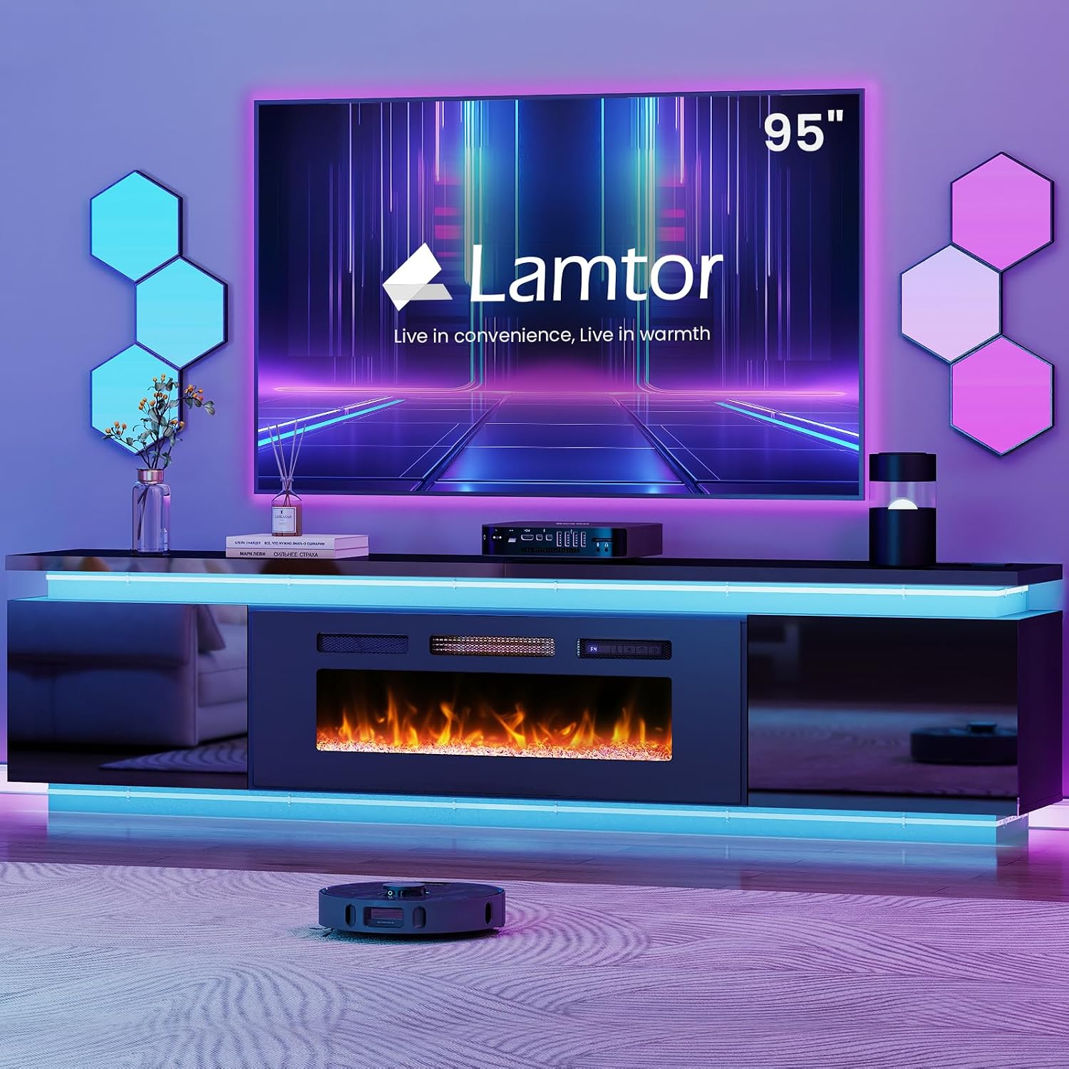 Lamtor Fireplace TV-Stand with 40' Fireplace - 2 LED Light TV-Stand for 90 95 inch TVs - Entertainment Center with 4 AC Power Outlets - 2 Tier TV Consoles Stand for Living Room, Black