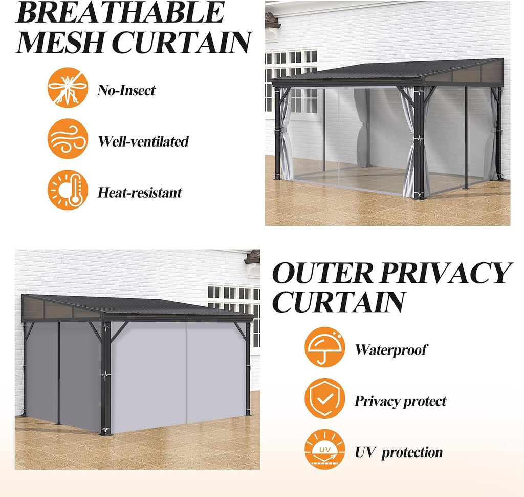 GARTOO 10' x 12' Lean-to Hardtop Gazebo for Patio - Outdoor Wall-Mounted Canopy Awnings，Aluminum Frame Gazebos Pergola with Sloping Metal Roof for Lawn, Patio, Garden, Backyard Deck
