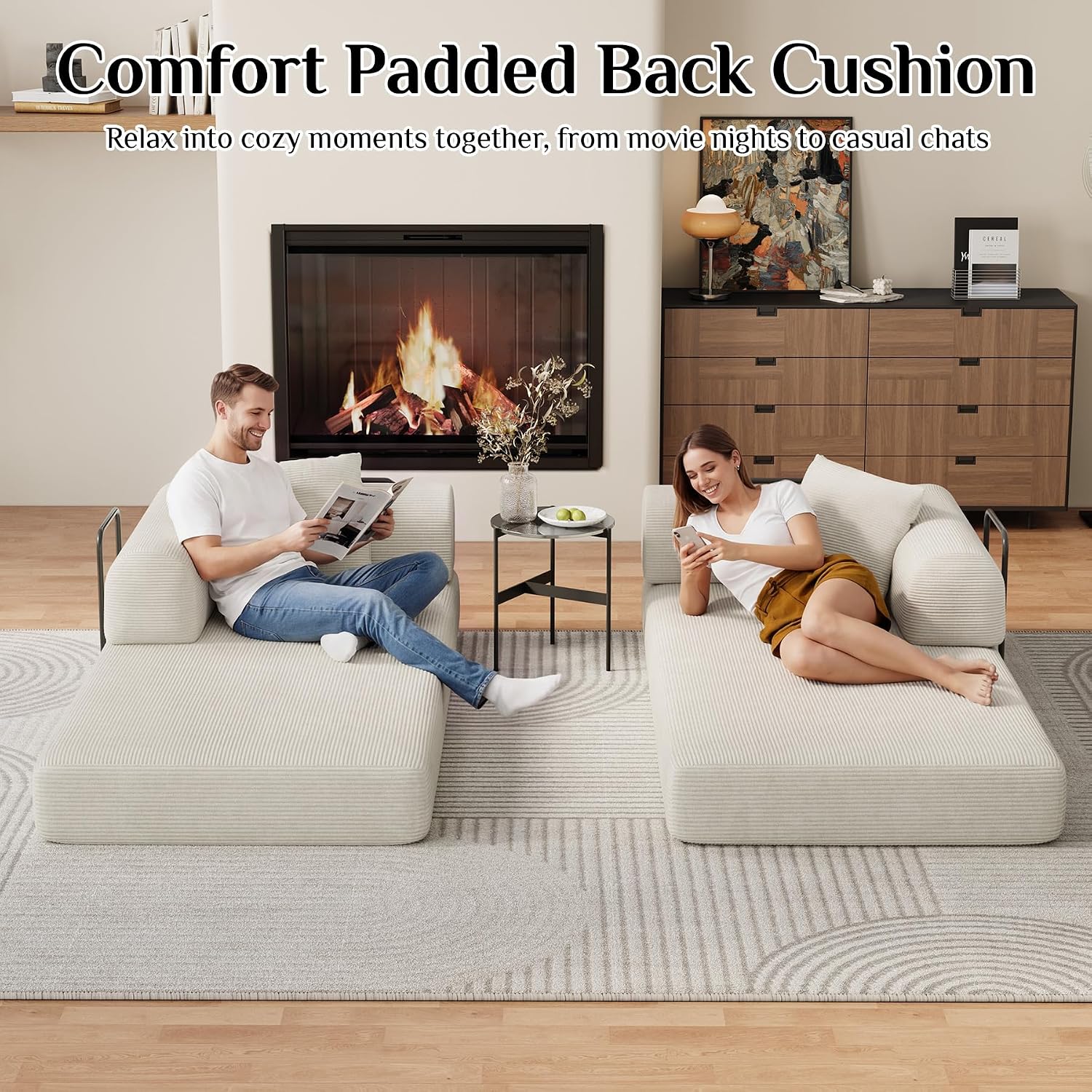 DAMAIFROM Convertible Sleeper Sofa Bed with Cylindrical Pillow,Corduroy Folding Mattress Couch with Fixed-Shape Frame,Modular Floor Sofa Lounge Couch for Living Room Bedroom Lounge,80',Beige White