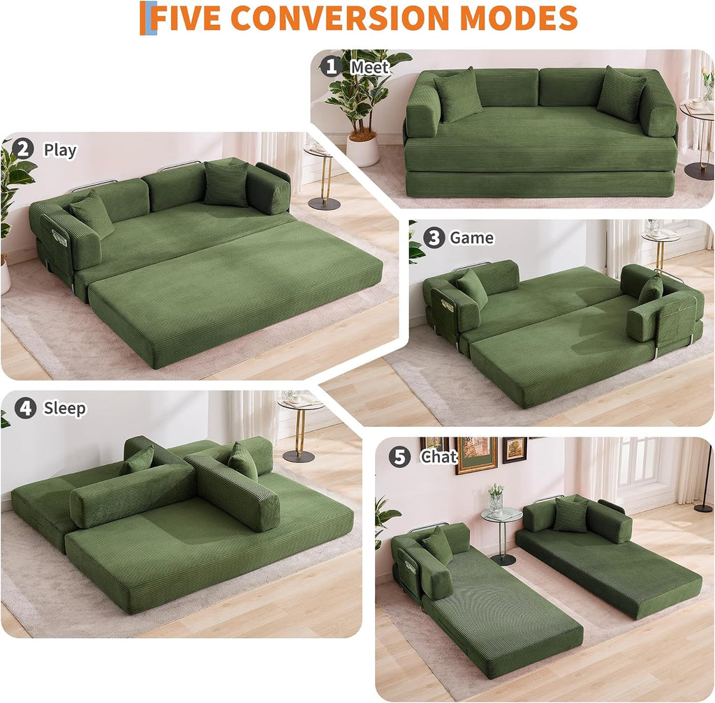 Garvee 5-in-1 Convertible Sofa Bed, 78.8' Modular Corduroy Sleeper with Sturdy Frame & No Assembly, Multi-Functional Futon for Small Space, Living Room & Guest Room (Green) (Green)