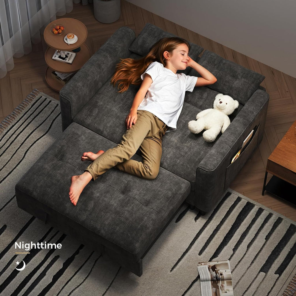 KKL 3 in 1 Convertible Sleeper Sofa Bed, Small Pull Out Couch Bed with Adjustable Backrest, Chenille Loveseat Couches with Side Pocket,Futon Sofa Beds Couch for Living Room, Bedroom,(Dark Grey)