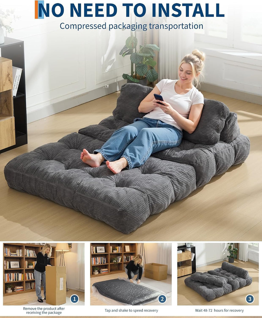 Folding Sofa Bed, 3-in-1 Convertible Sleeper Chair with Pillow, Double Futon Couch Bed with Back Support, Portable Fold Out Chair Bed Comfy Floor Sofa Lounge for Living Room Bedroom, Gray