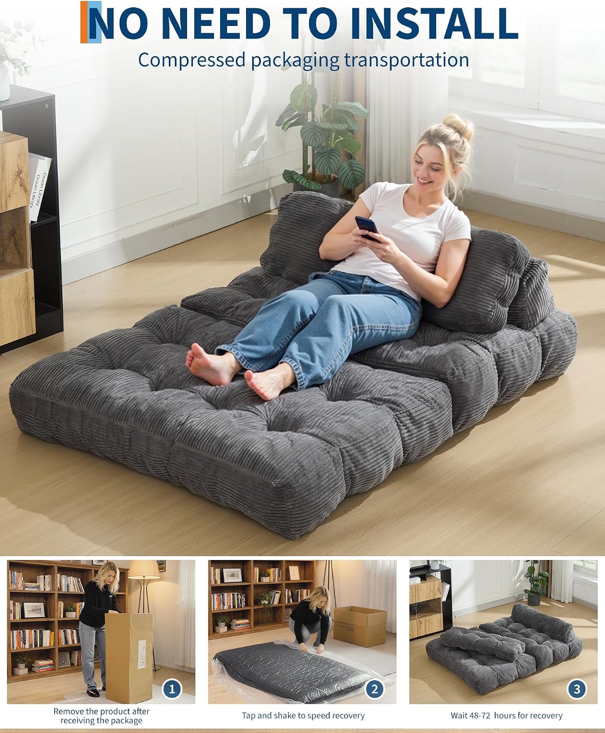 Folding Sofa Bed, 3-in-1 Convertible Sleeper Chair with Pillow, Double Futon Couch Bed with Back Support, Portable Fold Out Chair Bed Comfy Floor Sofa Lounge for Living Room Bedroom, Gray