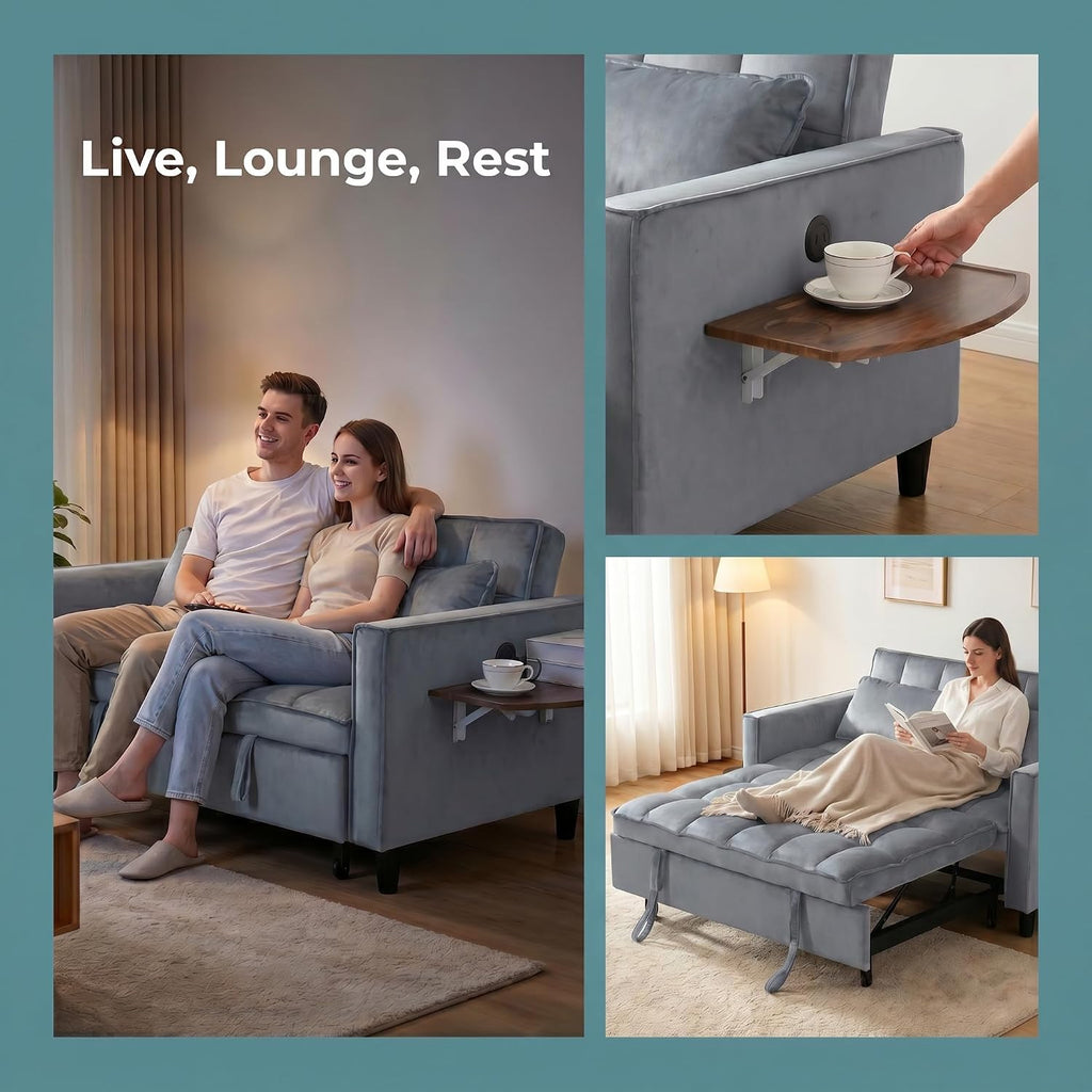 4 in 1 Convertible Sofa Bed, Pull Out Couch with Adjustable Backrest, Loveseat Sleeper Sofa Bed with USB Ports and Side Table, Couch Beds for Living Room, Bedroom, Apartment, Gray