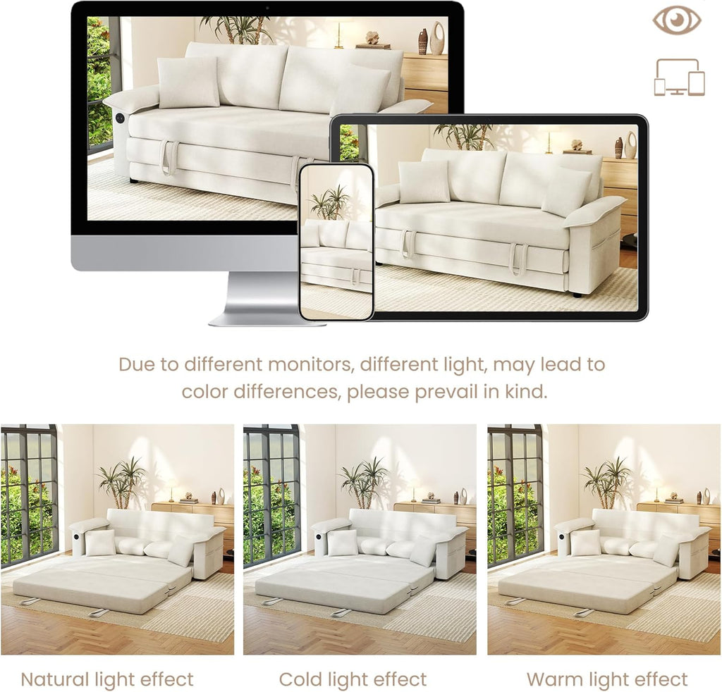 SUNWAVE 77' Sleeper Sofa Convertible Sofa Bed with USB Ports & Side Pockets, Chenille Loveseat Pull Out Couch with Full Size Sleeping Area, Folding Sofa Bed for Living Room & Small Spaces (Ivory)