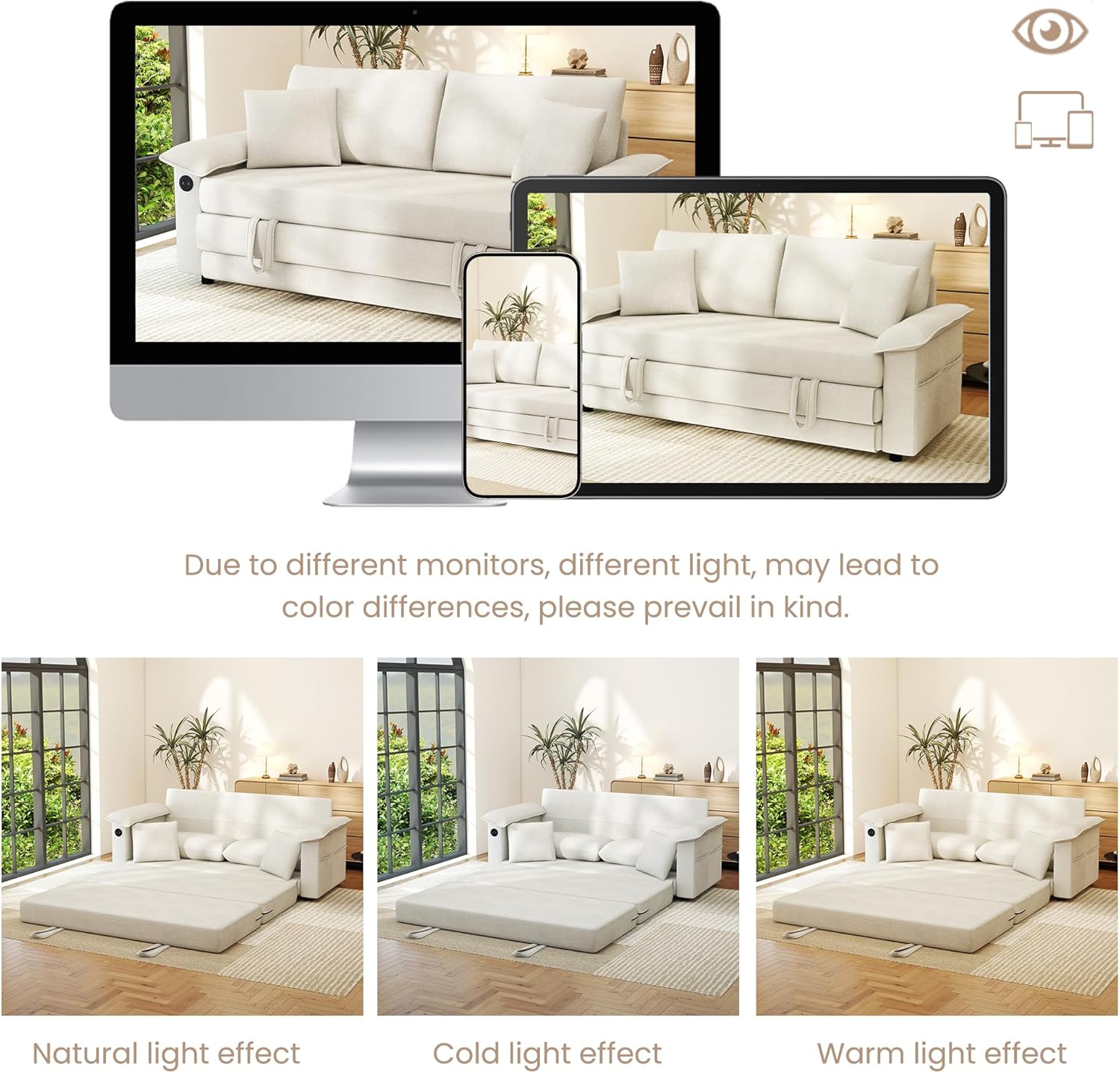 SUNWAVE 77' Sleeper Sofa Convertible Sofa Bed with USB Ports & Side Pockets, Chenille Loveseat Pull Out Couch with Full Size Sleeping Area, Folding Sofa Bed for Living Room & Small Spaces (Ivory)