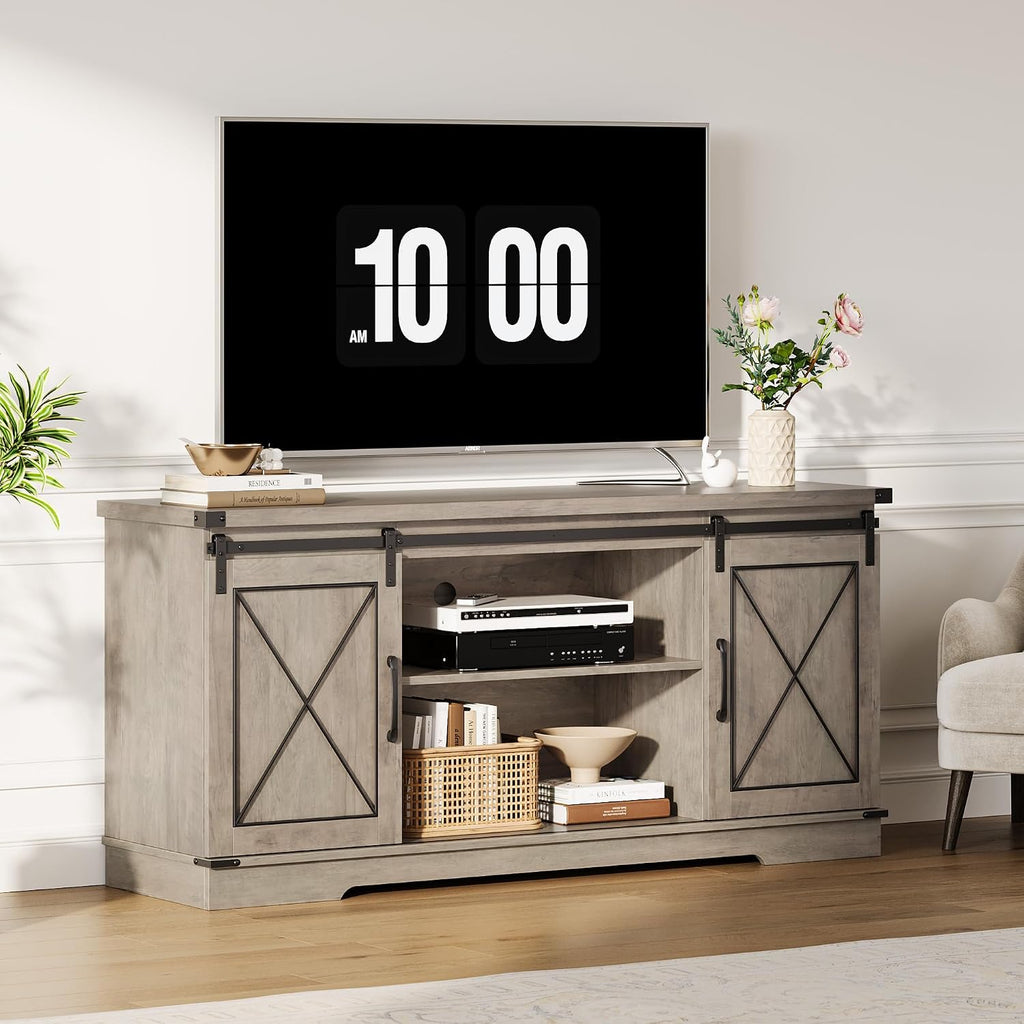 IDEALHOUSE Farmhouse TV Stand and Entertainment Center for Tv up to 65 inches with Sliding Barn Doors and Adjustable Shelf, Tv Media Console Table with Storage Cabinet for Living Room, Grey