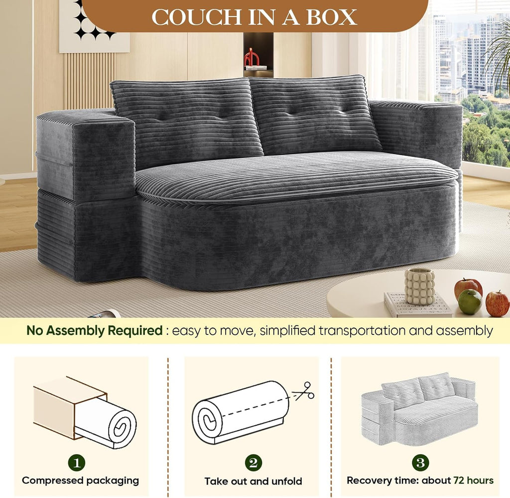 Convertible Sleeper Sofa, Modern 78-inch Folding Futon Corduroy Floor Foam Compression Loveseat Sofa Bed Couch, Foldable Full Size Guest Bed with 2 Pillows for Living Room Bedroom Apartment, Dark Grey
