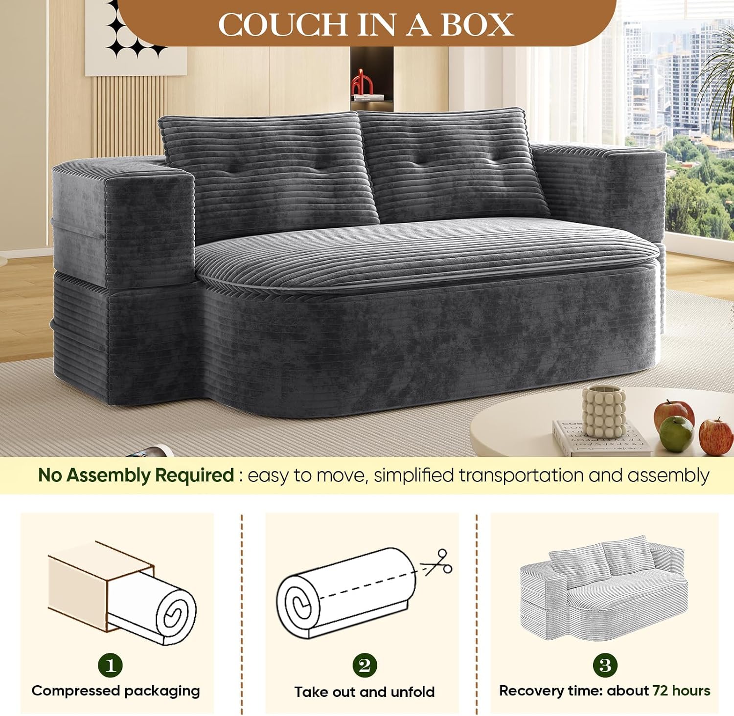 Convertible Sleeper Sofa, Modern 78-inch Folding Futon Corduroy Floor Foam Compression Loveseat Sofa Bed Couch, Foldable Full Size Guest Bed with 2 Pillows for Living Room Bedroom Apartment, Dark Grey
