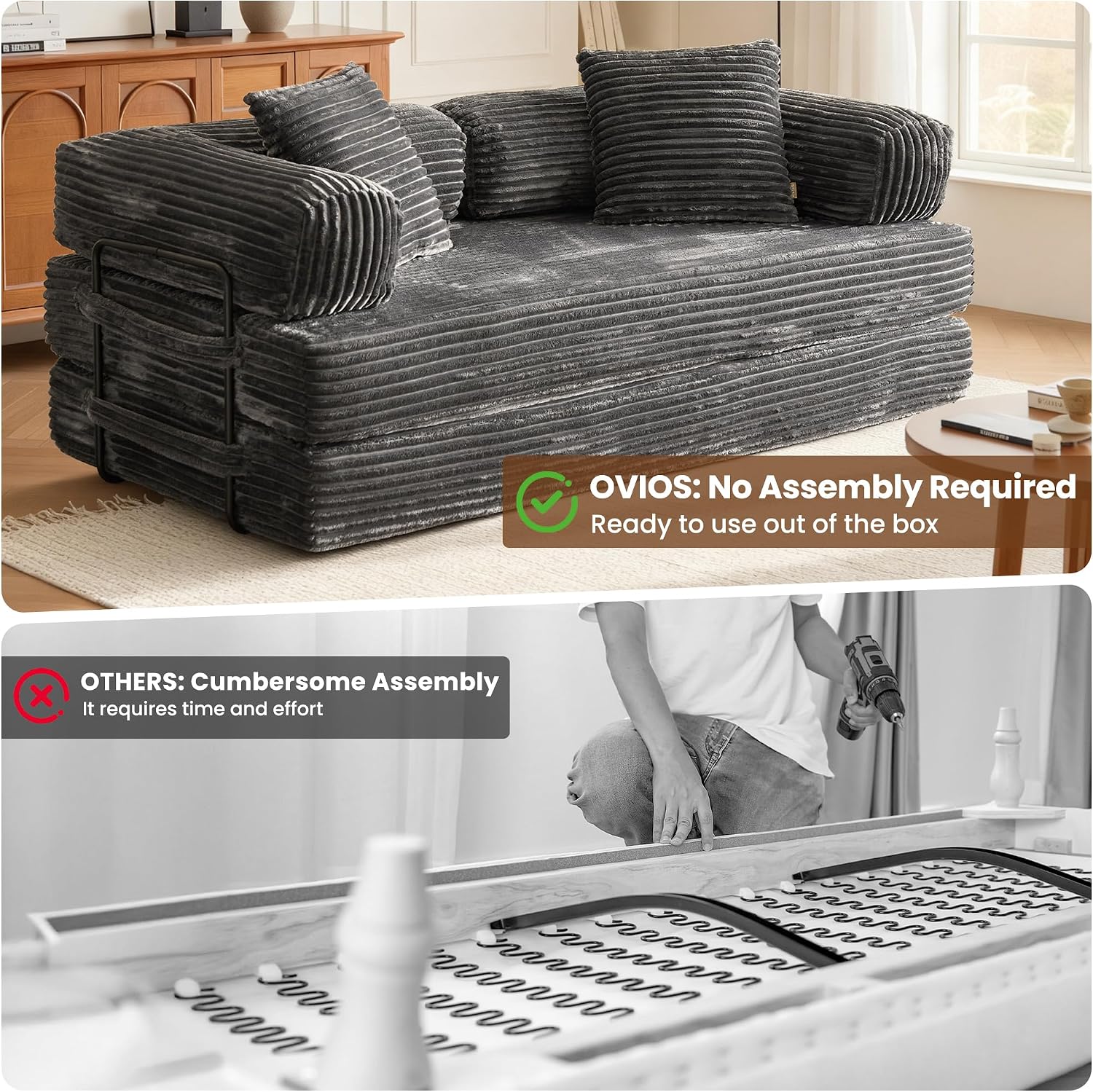ovios 81' Folding Sofa Bed, Foldable Sleeper Boneless Couch with Pull Out Beds, Modular Convertible Floor Futon Loveseat Lounger for Living Room (Faux Fur, Grey)