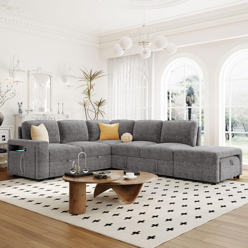 Merax L-Shaped Modular Sofa with Removable Storage Ottoman, USB Ports and Cup Holder, Upholstered Sectional Couch & Armrest, Free Combination Indoor Furniture for Living Room, Apartments, Gray