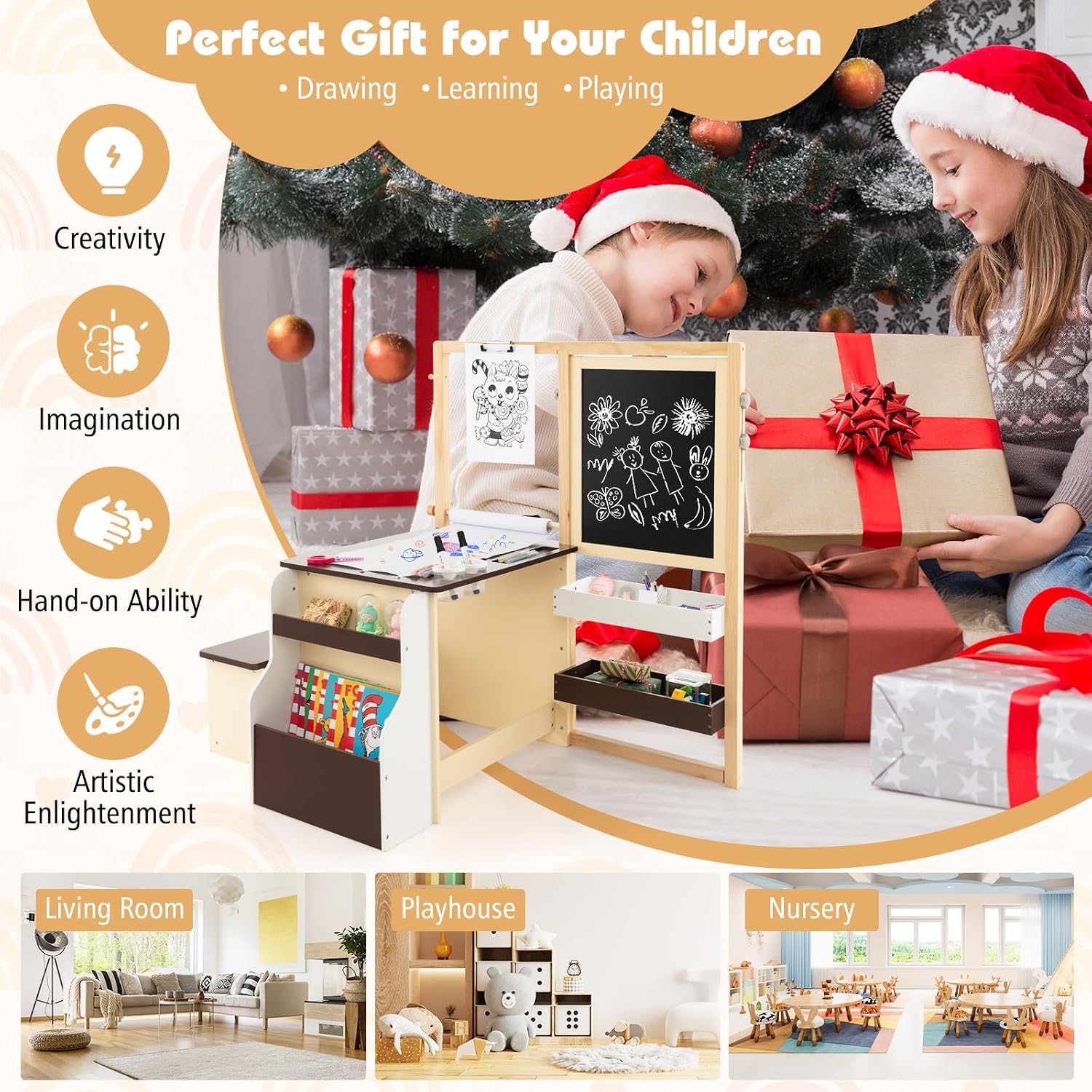 HONEY JOY Kids Art Easel, 6-in-1 Wooden Double-Sided Toddler Table & Chair Set w/Adjustable Magnetic White Board & Chalkboard, Paper Roll, Bookshelf, Storage, Kids Art Table and Chair (Coffee)