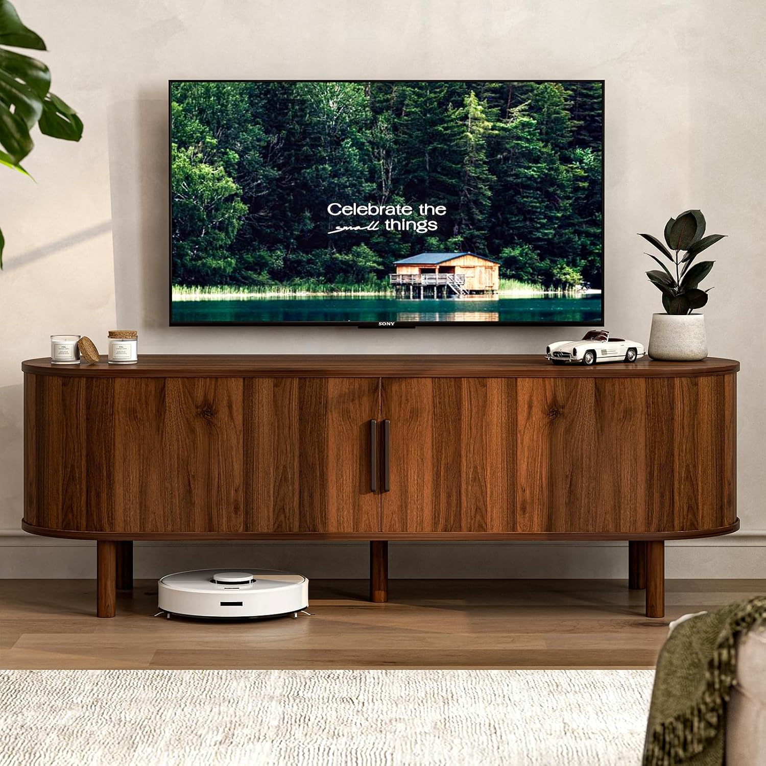 ZttRiee TV Stand for TVs up to 60 Inch, Entertainment Center with Sliding Doors and Adjustable Shelf, Modern TV Console with Storage for Living Room, Bedroom, Walnut