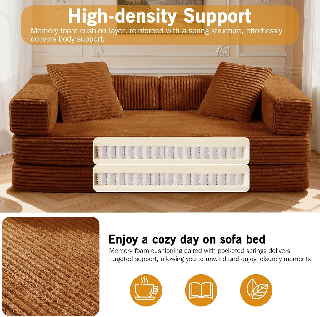 81'' Futon Sofa Bed, Folding Floor Couch Bed, Corduroy Fabric Boneless Couch, Compressed Boneless Sofa in a Box, Comfy Sleeper for Living Room-Orange