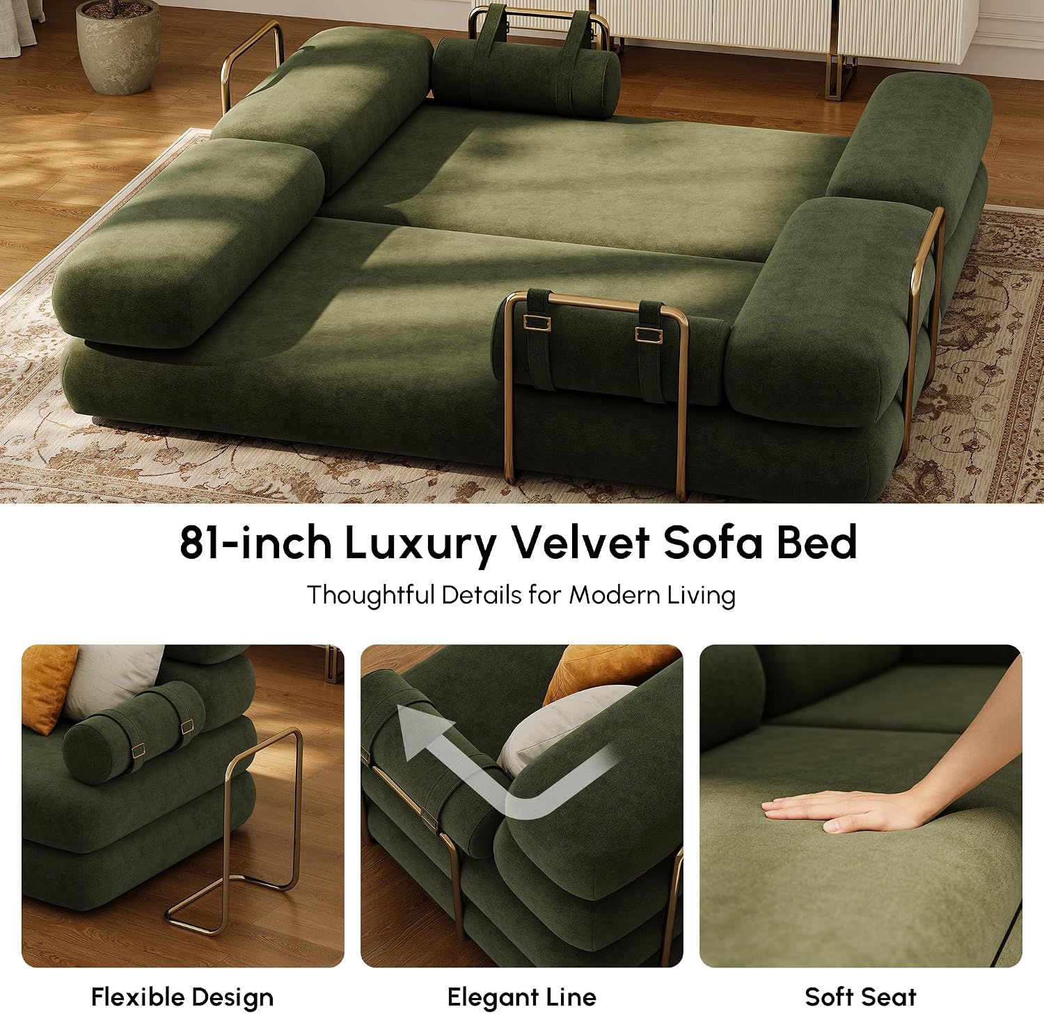 homary Velvet Futon Sofa Bed 81' 3-Seater Convertible Couch with Detachable Pillows, Stainless Steel Legs, Modern Sleeper Sofa for Living Room & Apartment (Evergreen)