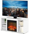 Furinno Jensen Entertainment Center Stand with Fireplace for TV up to 55 Inch, Corded Electric, White