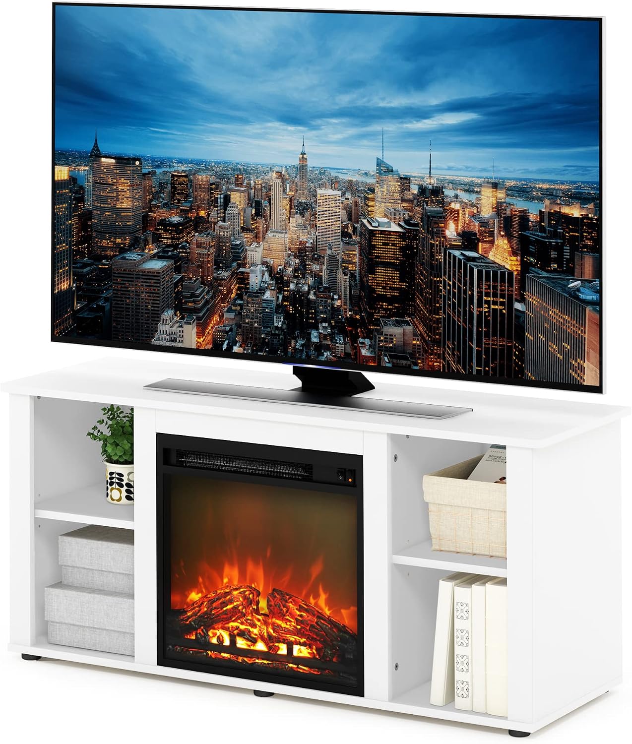 Furinno Jensen Entertainment Center Stand with Fireplace for TV up to 55 Inch, Corded Electric, White