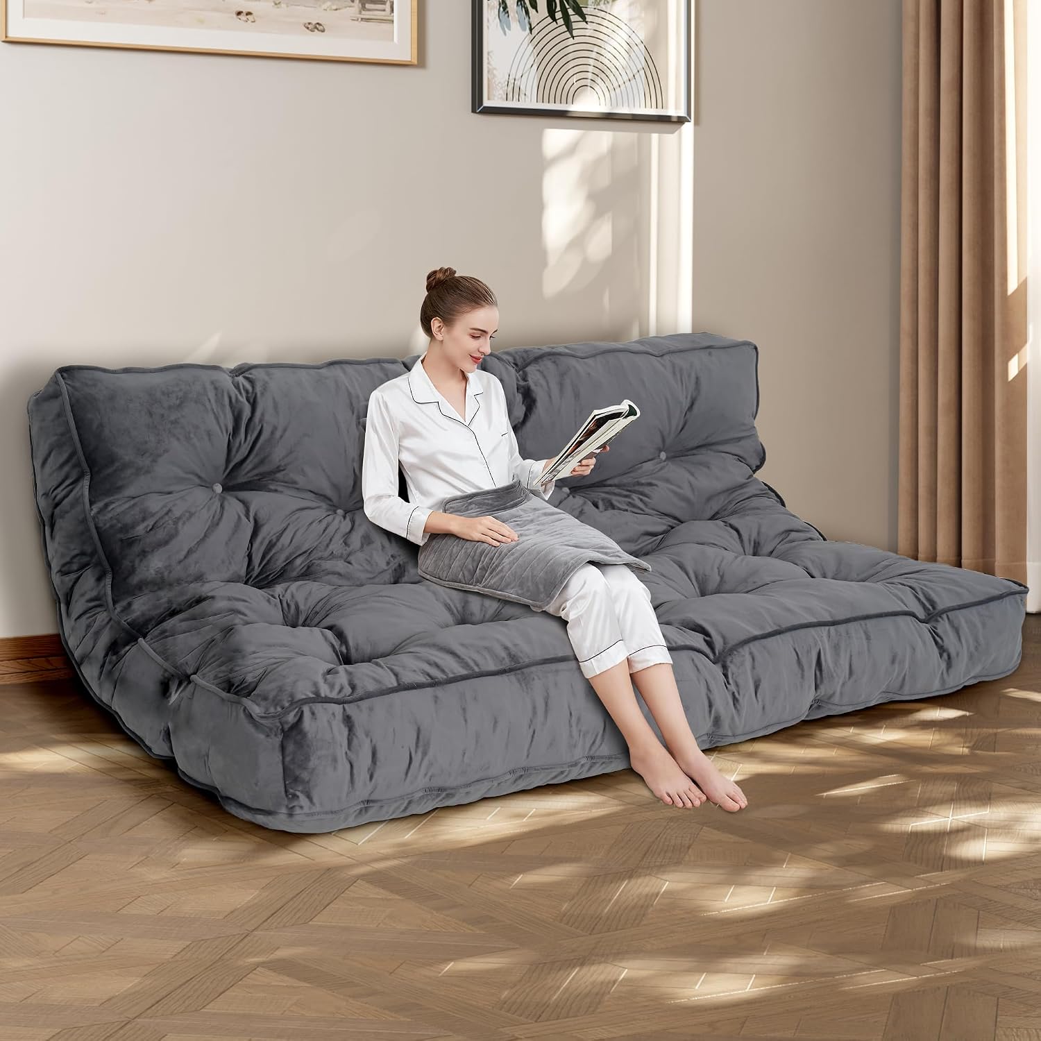 8' Queen Size Futon Mattress Sofa Bed, Extra Thick Foldable Floor Mattress, Shredded Foam Filling for Adults/Teens/Pets with No Assembly Needed, Frame Not Included - Dark Grey