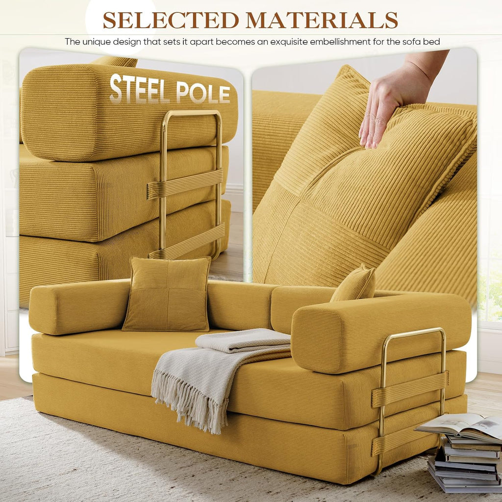 Antetek 78' Convertible Futon Sofa Bed, 3-Seater Modern Corduroy Foam Floor King Size Bed Foldable Sleeper Lounge Loveseat Sofa Couch with 2 Throw Pillows for Living Room Bedroom Guest Room, Yellow