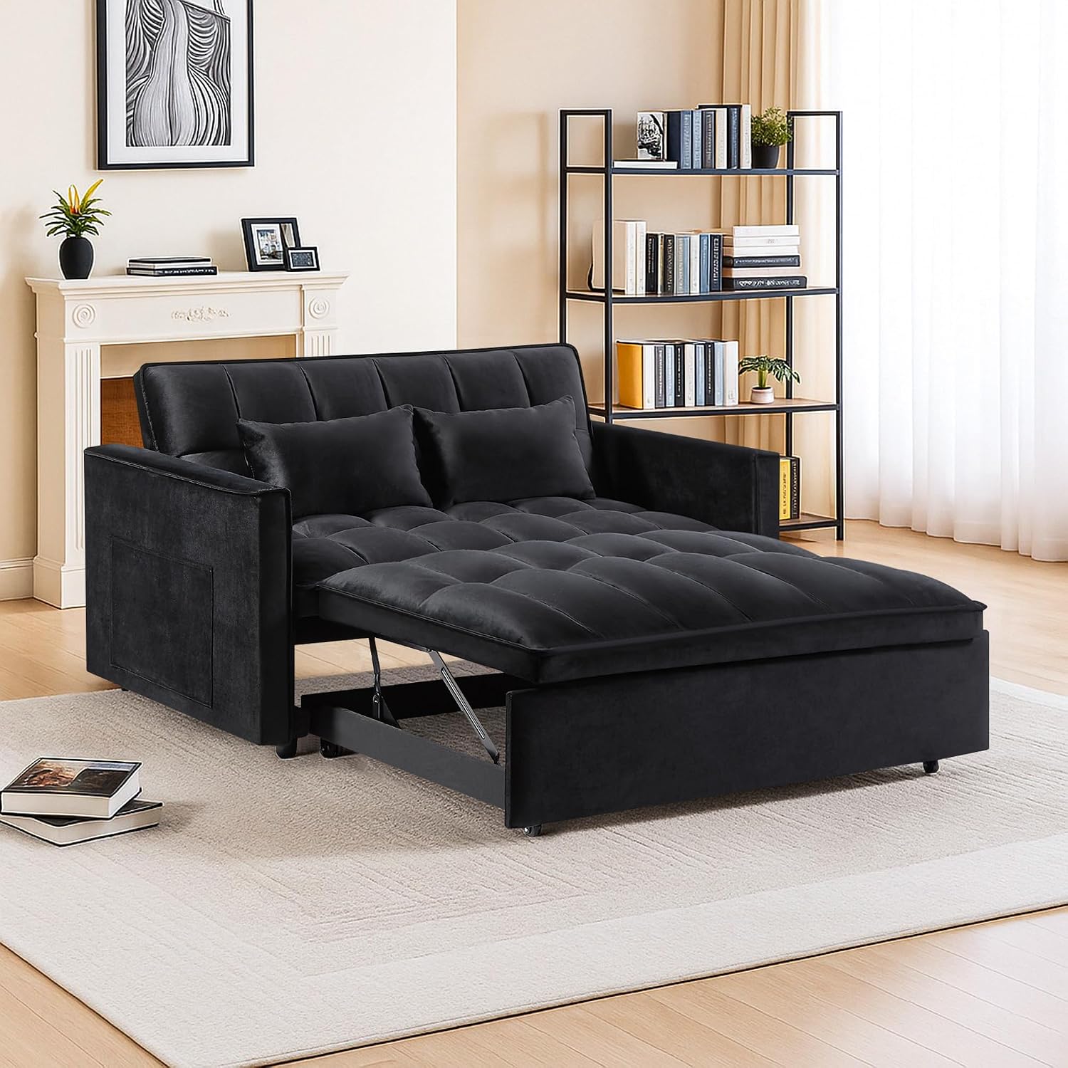 54' Sleeper Sofa Bed, Velvet Pull Out Couch with Adjustable Backrest, 3-in-1 Convertible Futon Loveseat Sleeper Sofa Couch for Small Spaces, Living Room (Black)