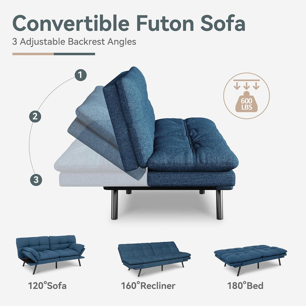 Futon Sofa Bed Convertible Couch, Blue Linen Sofa Bed with Memory Foam, Adjustable Backrest & Armrests, Multifunctional Small Loveseat Sleeper Sofa for Living Room, Apartment, Office