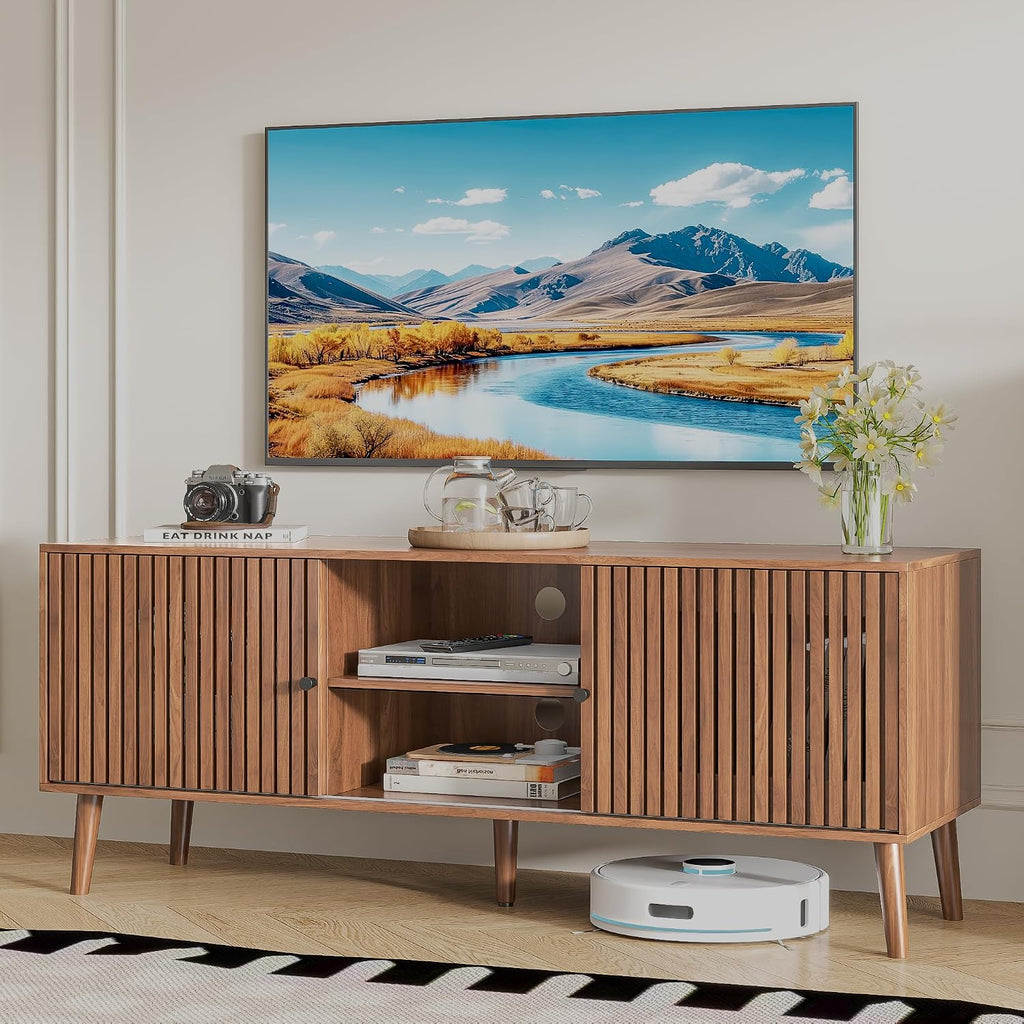 Oubayajia Mid Century Modern TV Stand for Televisions up to 60 Inches, with Sliding Doors and Storage, Television Stands, TV Consoles, Media Consoles for Living Room(Walnut-51.2inch)