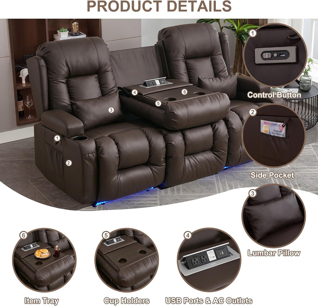 TUNYI Power Loveseat Recliner Sofa with Massage & Heat Home Theater Seating with Console RV Recliner Loveseat Sofa with USB/Storage/Side Pocket/LED Light/Speaker (Brown, 3 Seat)