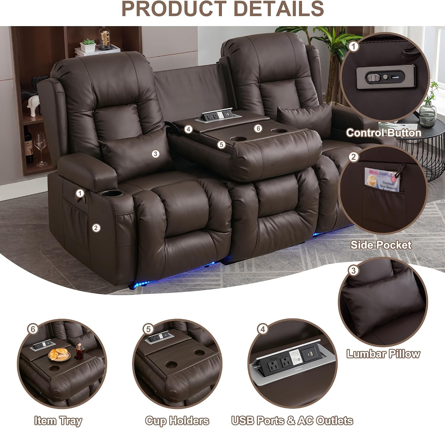 TUNYI Power Loveseat Recliner Sofa with Massage & Heat Home Theater Seating with Console RV Recliner Loveseat Sofa with USB/Storage/Side Pocket/LED Light/Speaker (Brown, 3 Seat)