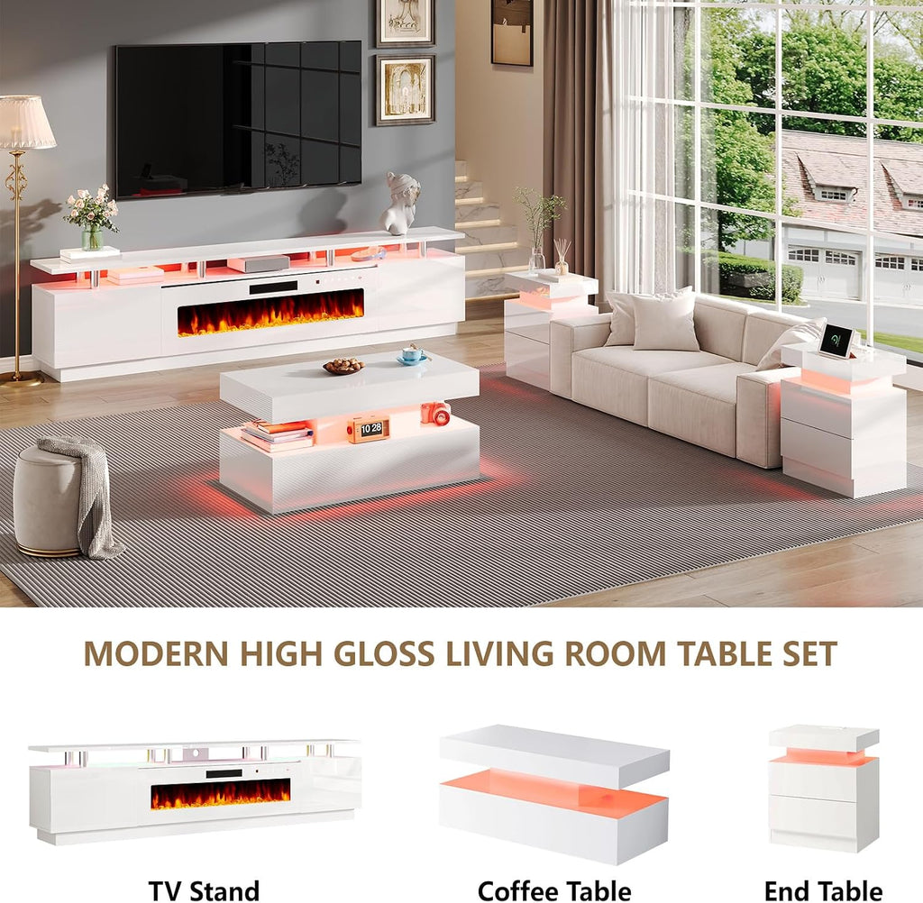 AMERLIFE 90' 2 Tier Fireplace TV Stand with 50' Fireplace, Modern Large Entertainment Center LED Lights, Media Console Table Storage Cabinet for TVs Up to 100', Living Room, White & White
