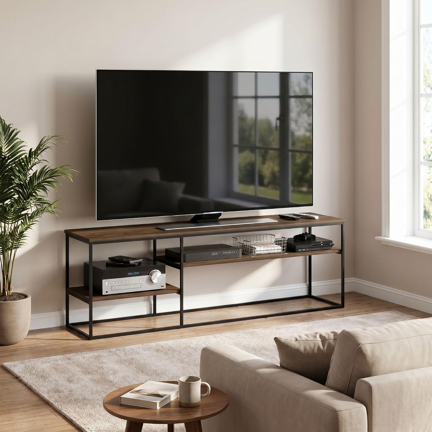 Furinno Moretti Modern Lifestyle TV Stand, Entertainment Center for TV up to 78 Inch, for Living Room, Bedroom, Brown Walnut