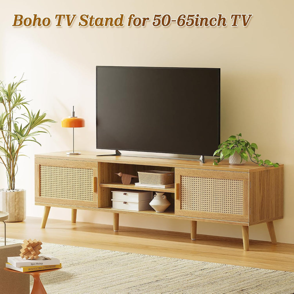 SUPERJARE Boho TV Stand for 75 Inch TV, Entertainment Center with Adjustable Shelf, Rattan TV Console with 2 Cabinets, Media Console, Solid Wood Feet, 4 Cord Holes, for Living Room - Natural