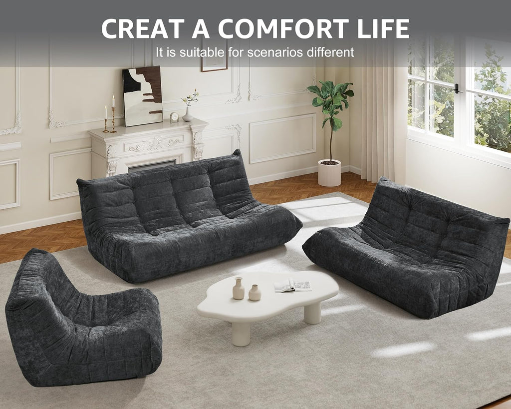 Bean Bag Chairs for Adults Giant Bean Bag Chair Memory Foam BeanBag Chair Bean Bag Sofa with Filler Faux Fur Fireside Beanbags Lazy Sofa for Living Room Bedroom Office (Darkgrey Chenille, 3-Seater)
