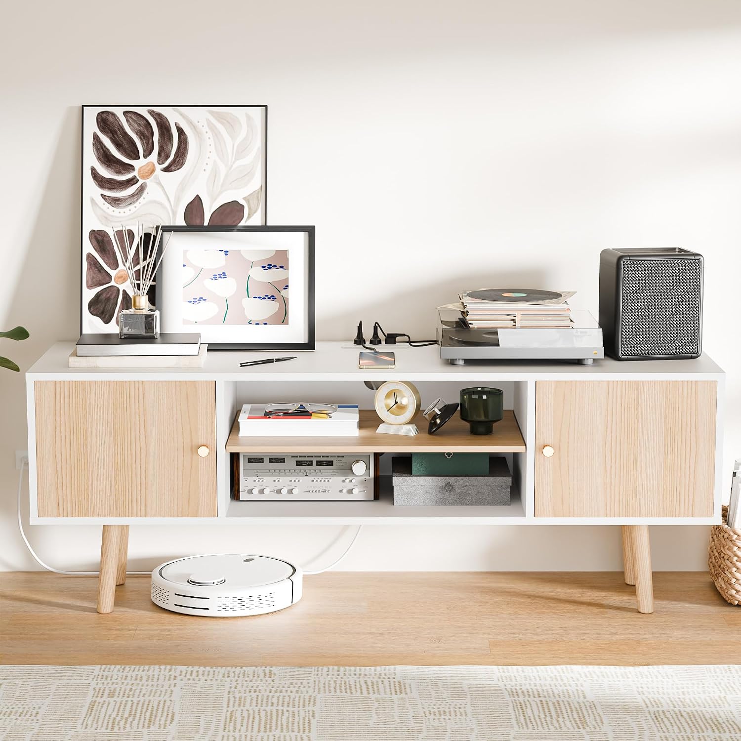 Cozy Castle TV Stand for 48-55 Inch TV, Mid Century Modern Entertainment Center with Storage Cabinet, TV Media Console with Charging Station for Living Room (Oak, 53.1' W x 15.7' D x 19.7' H)