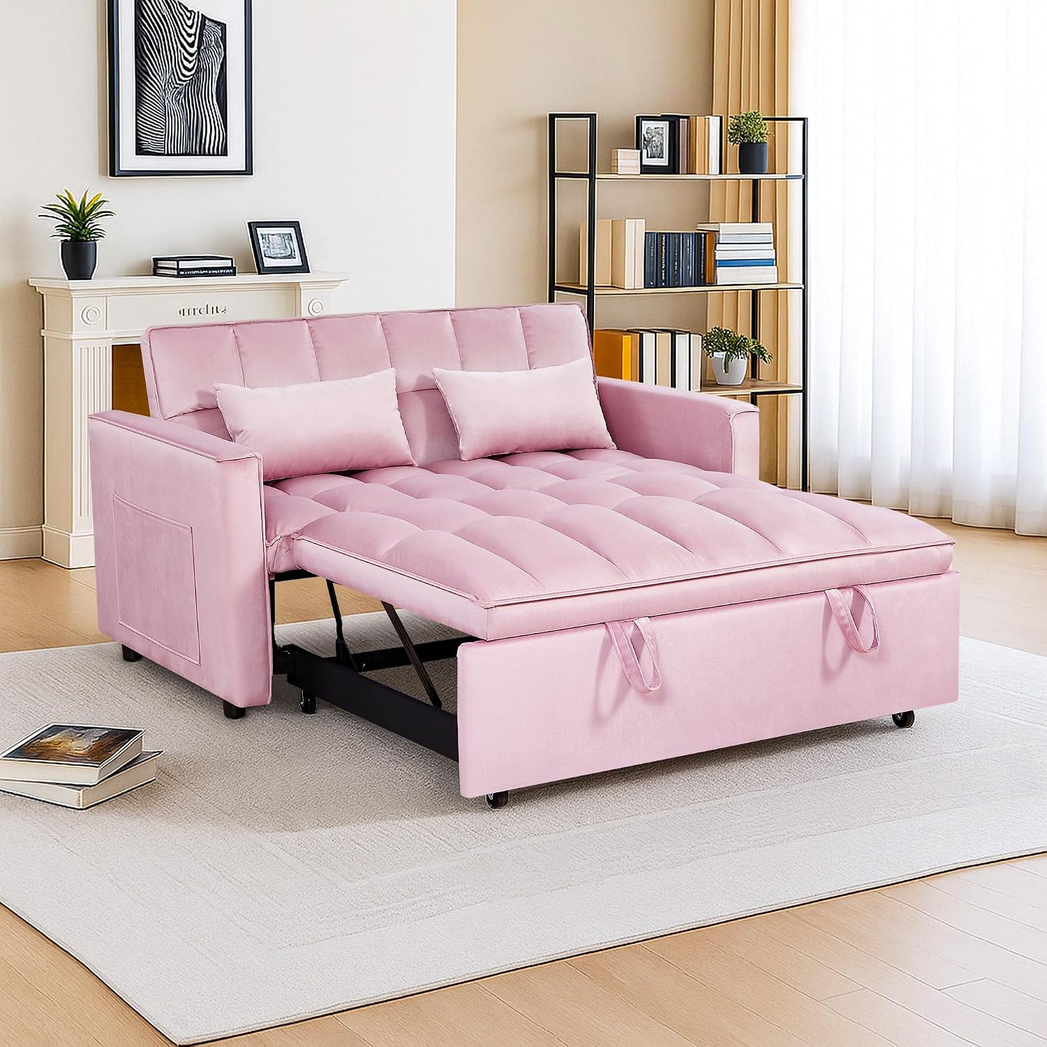 54' Sleeper Sofa Bed, Velvet Futon Sofa Bed with Adjustable Backrest, 3-in-1 Convertible Pull-Out Sleeper Sofa Couch with Armrest and Side Pockets for Small Spaces, Living Room (Pink)