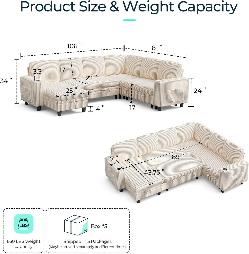 LINSY HOME Sectional Sleeper Sofa with Pull Out Couch Bed for Living Room (Beige) | Plush Corduroy, Storage Ottoman, Storage Chaise, Pull Out Couch, USB Charging