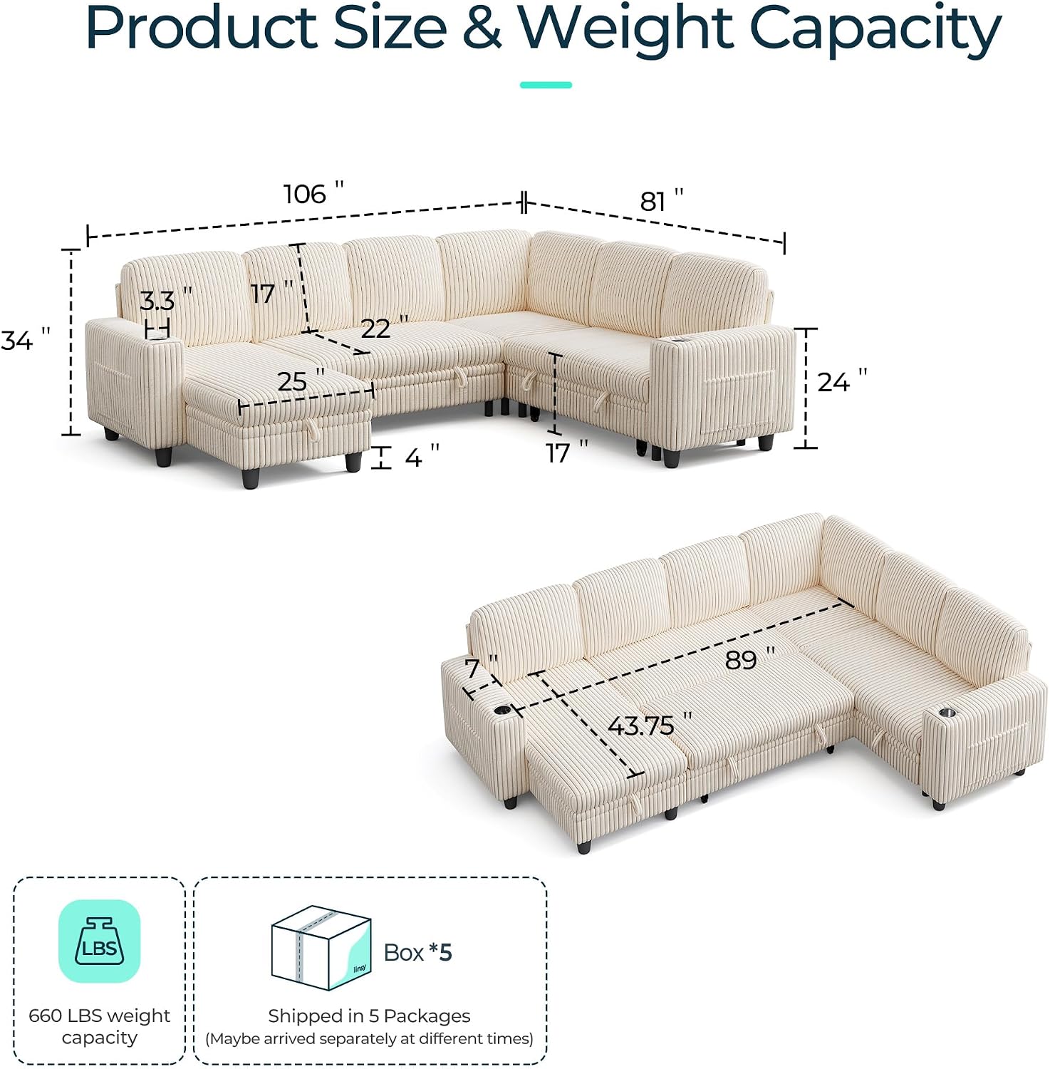 LINSY HOME Sectional Sleeper Sofa with Pull Out Couch Bed for Living Room (Beige) | Plush Corduroy, Storage Ottoman, Storage Chaise, Pull Out Couch, USB Charging