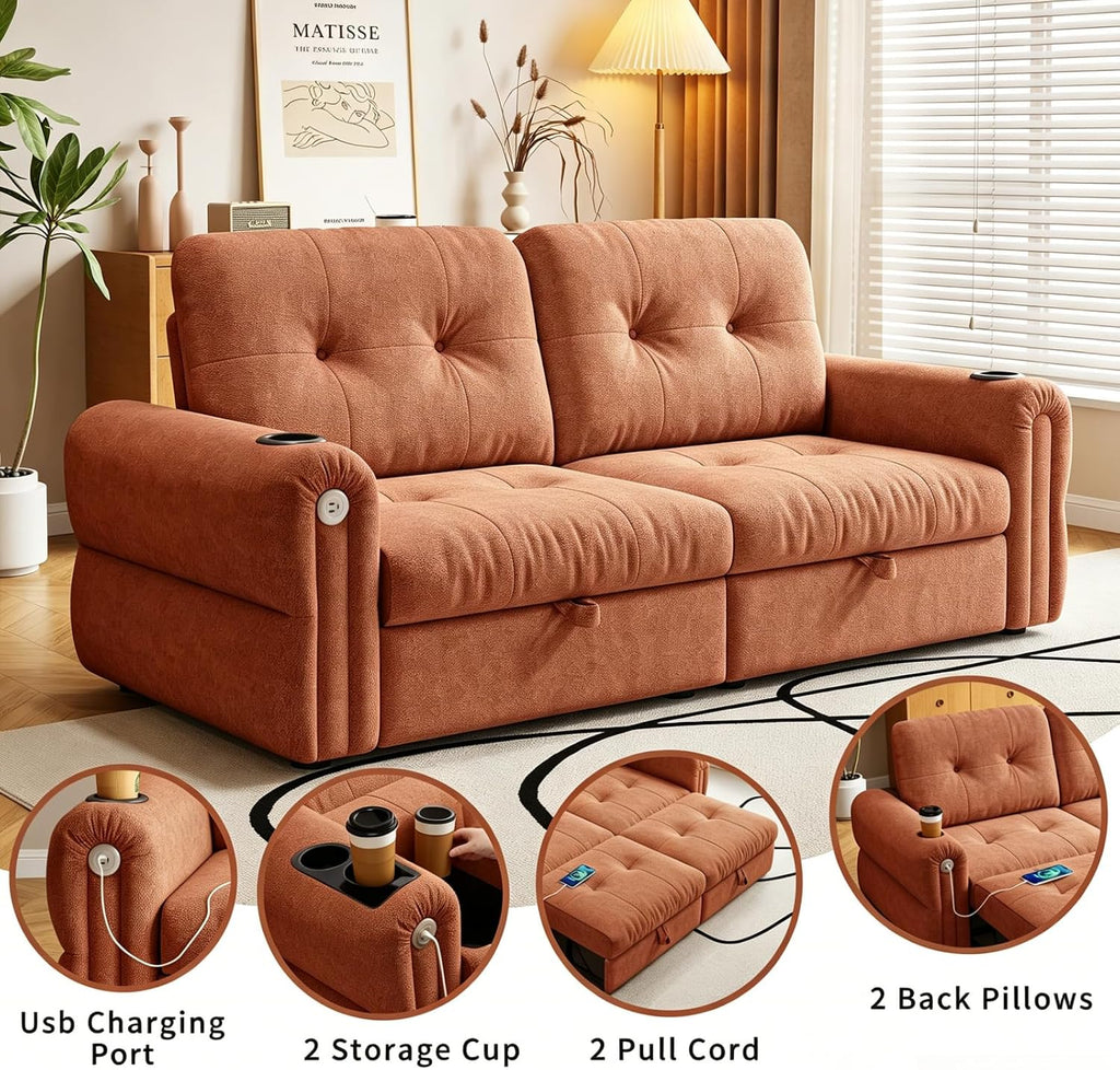 Convertible Couches, Queen Size Pull Out Sofa Bed with USB Charging Port and Cup Holders, Chenille Fabric Convertible Sofa Bed for Small Space, Living Room, Apartment, Guest Room, Orange