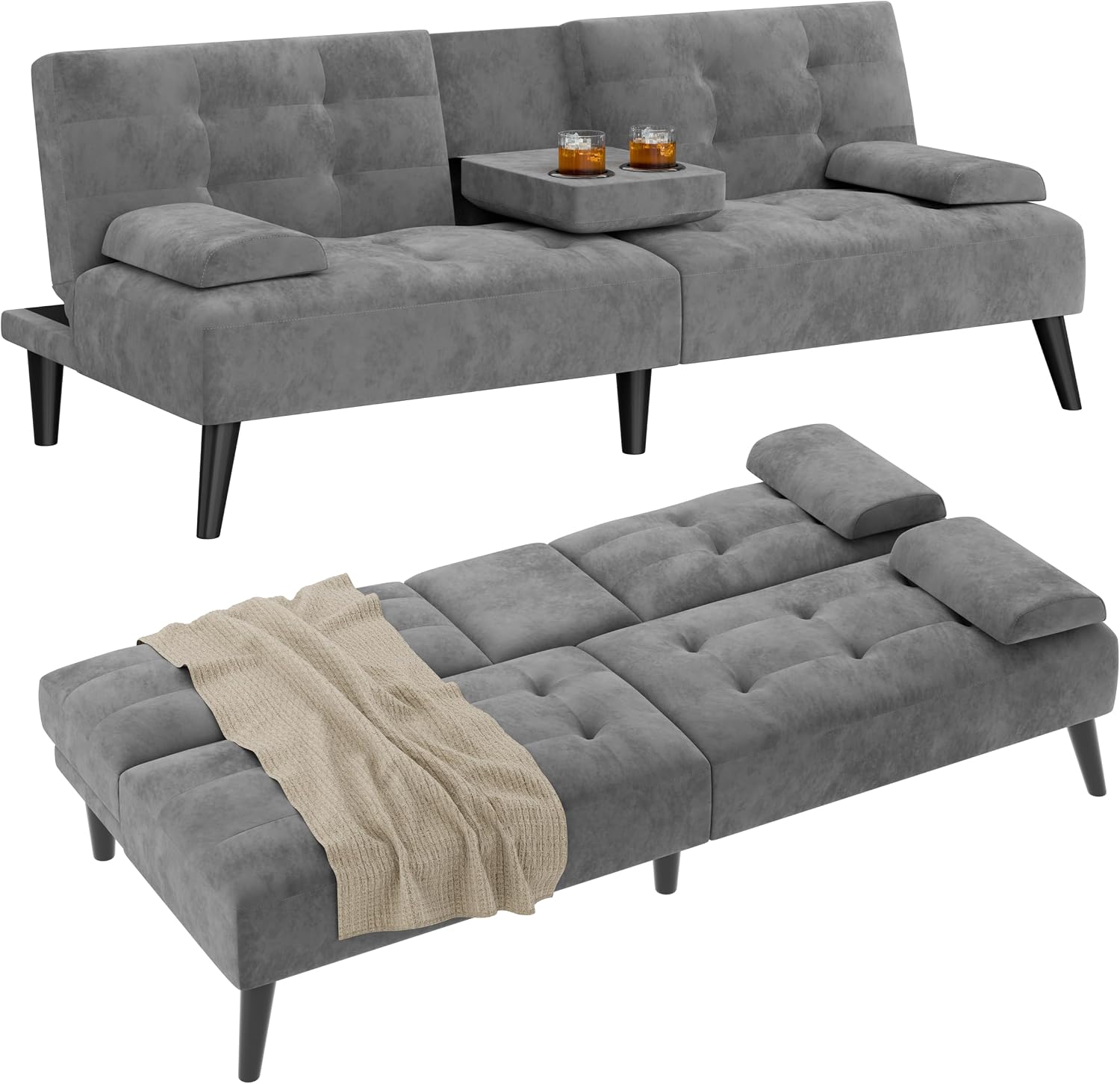 JAMFLY Sofa Bed Futon Couches, Modern Convertible Folding Loveseat Ideal for Small Spaces, Drak Grey Velvet