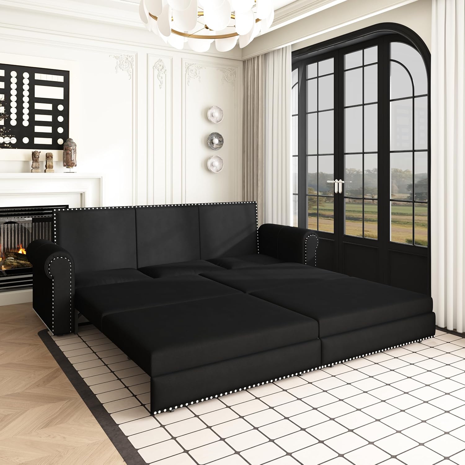 93.7' King Pull Out Sofa Bed, Velvet Sleeper Sofa Couch, 3 in 1 Convertible Futon Couches for Living Room, Small Space, Apartment, Office, Bedroom, Modern Rivet Armrest, Black