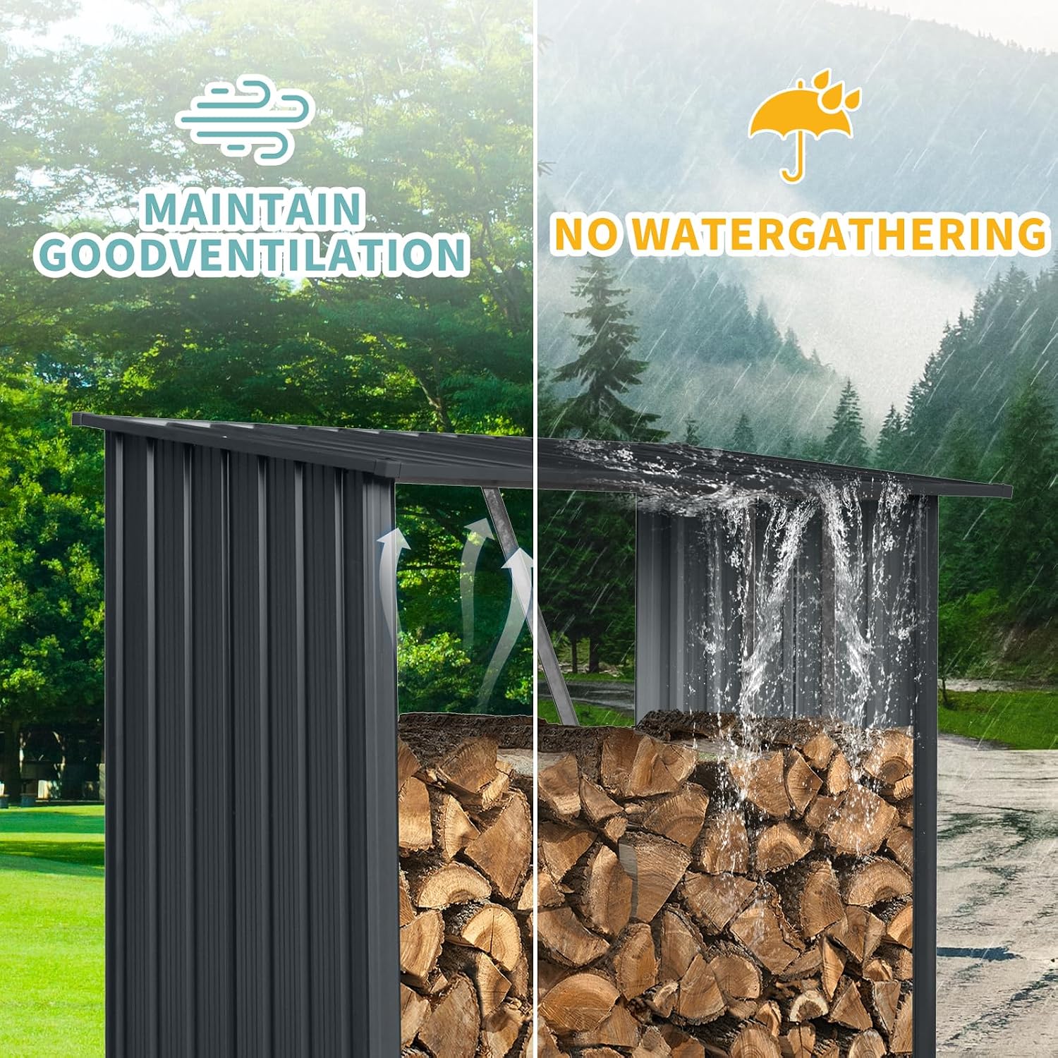 JT 5 x 3 FT Metal Firewood Rack, Galvanised Steel Garden Log Storage Shed, Metal Firewood Shed Holder, Outdoor Log Rack for Backyard, Black