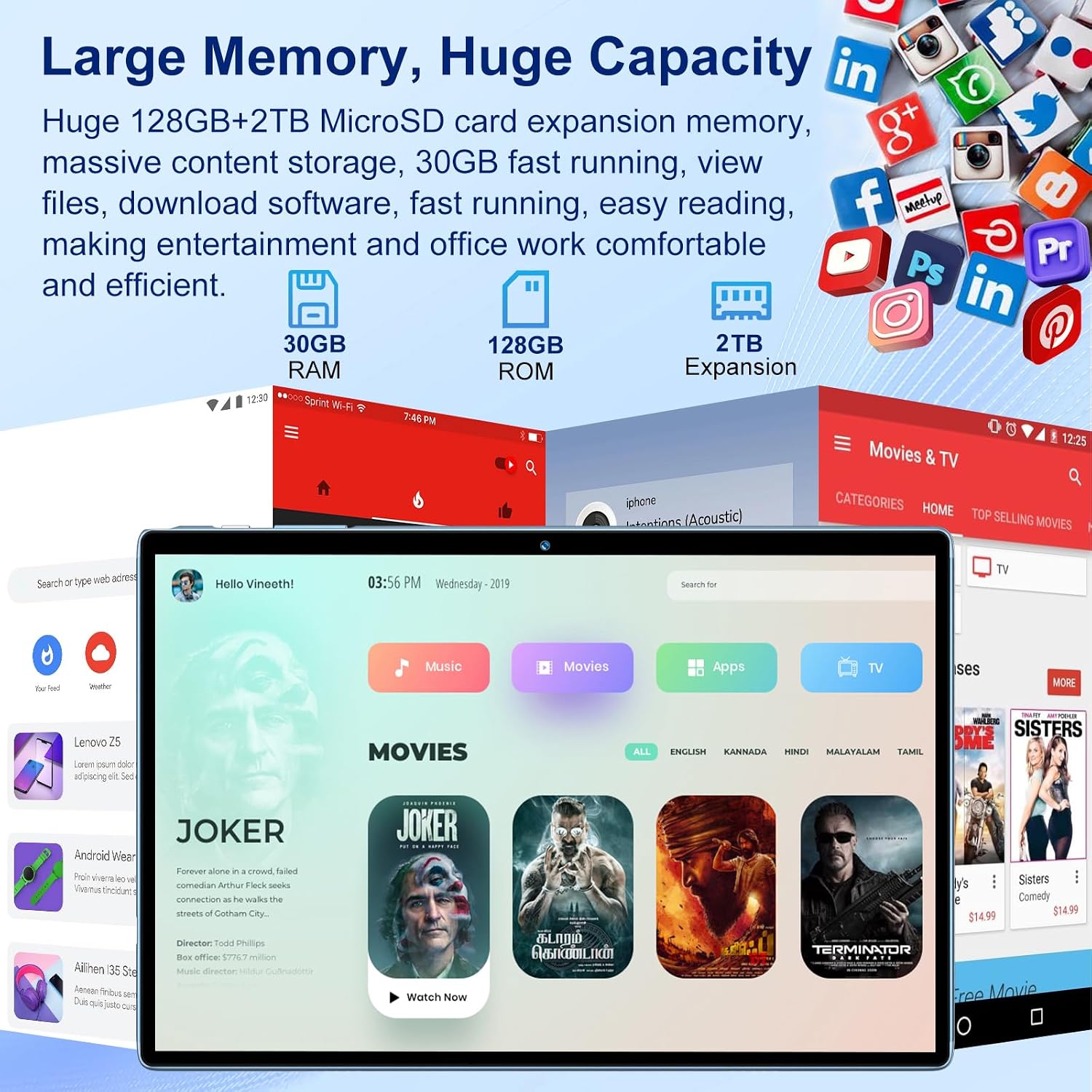 Android 15 Tablet 30GB RAM 128GB ROM 2TB Expand, 10.1 Inch Tablets with Keyboard Mouse, Octa-Core, 8000mAh, HD IPS Display, 5G WiFi BT 5.0 GPS, Widevine L1, Gemini AI, Dual Camera - Blue