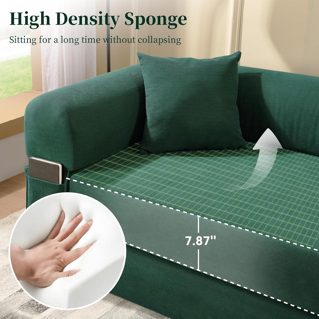 KBQ 3-Seat Convertible Sleeper Sofa Bed with 2 Pillows, Corduroy Folding Mattress Couch, Floor Sofa Lounge Couch for Living Room Bedroom Lounge Studio, Deep Green
