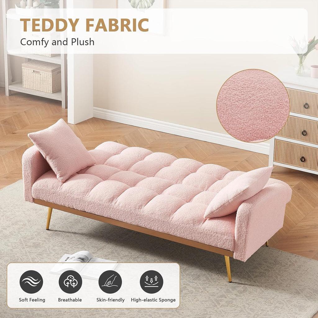 Teddy Futon Sofa Bed,69' Modern Small Love Seat Couch for Small Spaces,Convertible Tufted Sleeper Sofa Loveseat Couch Bed with Gold Metal Legs for Living Room,Bedroom,Apartment (Teddy Pink)