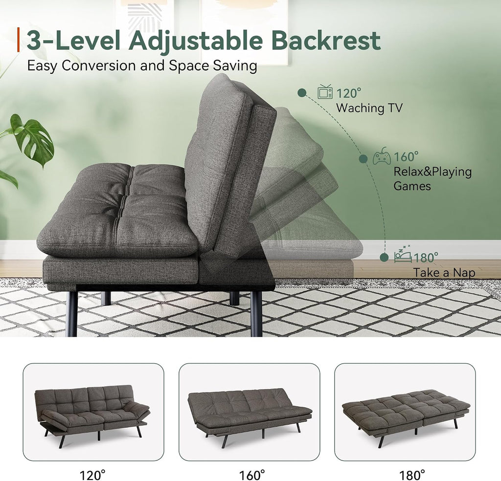 Opoiar 71' L Convertible Futon Sofa Bed,Linen Fabric Futon Couch,Loveseat Sleeper Sofa,Soft Cushions Love Seat Daybed for Studio, Apartment, Office, Small Space, Compact Living Room,Grey