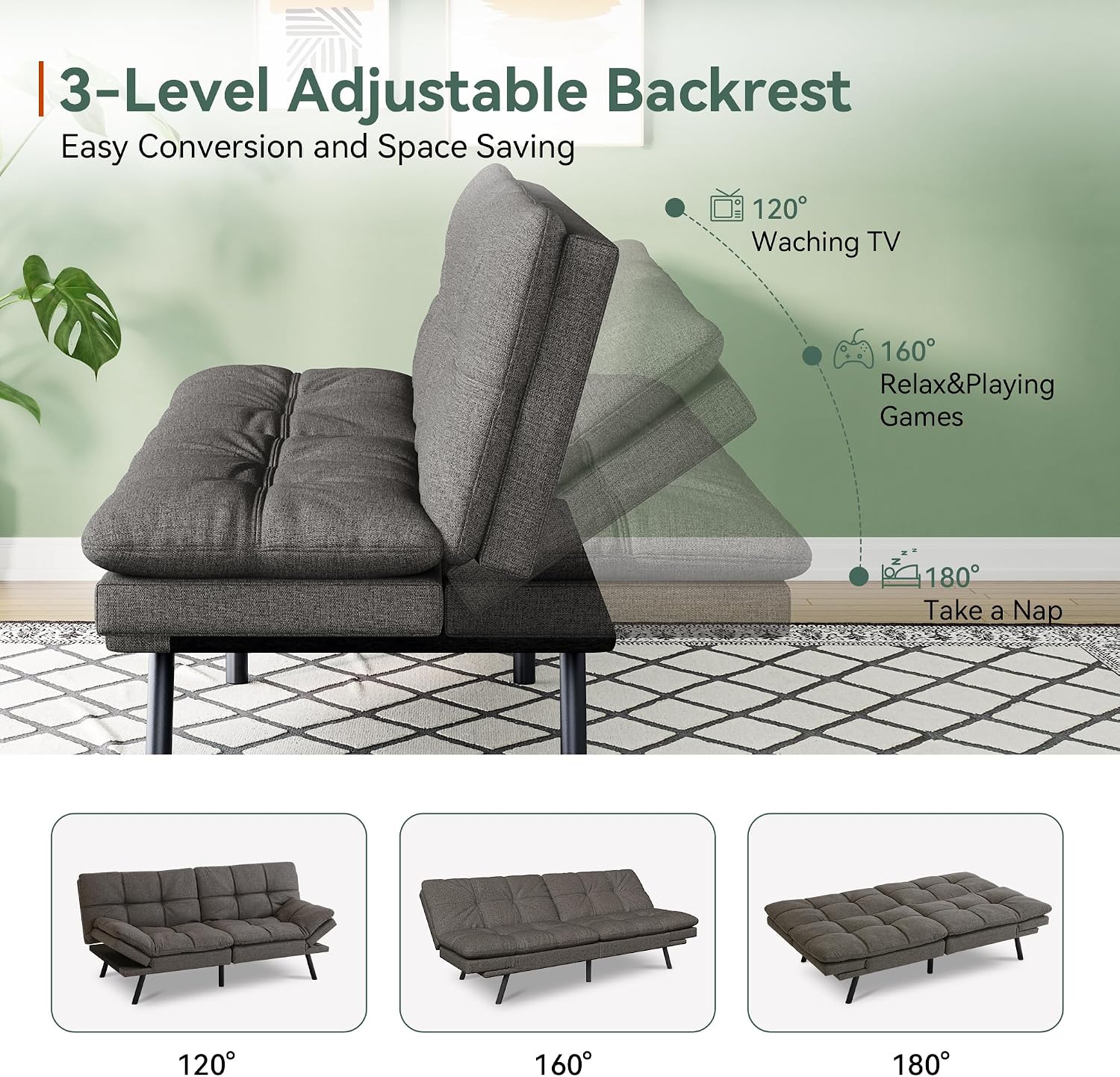 Opoiar 71' L Convertible Futon Sofa Bed,Linen Fabric Futon Couch,Loveseat Sleeper Sofa,Soft Cushions Love Seat Daybed for Studio, Apartment, Office, Small Space, Compact Living Room,Grey