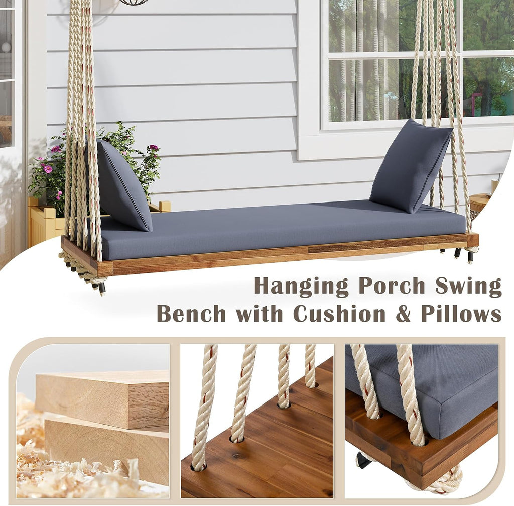 Merax Outdoor Patio Wooden Swing Chair, 2-Seat Hanging Porch Hammock Bench with Cushion & Pillows, 10.8Ft Hemp Ropes for Garden, Backyard, Lawn, Natural
