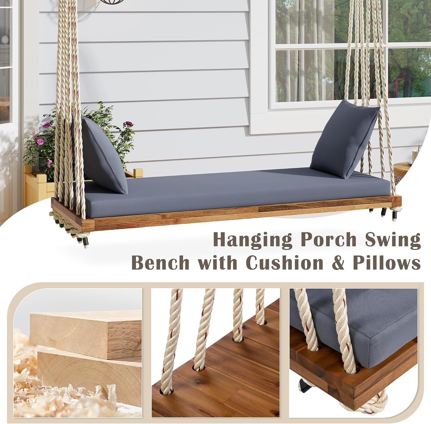 Merax Outdoor Patio Wooden Swing Chair, 2-Seat Hanging Porch Hammock Bench with Cushion & Pillows, 10.8Ft Hemp Ropes for Garden, Backyard, Lawn, Natural