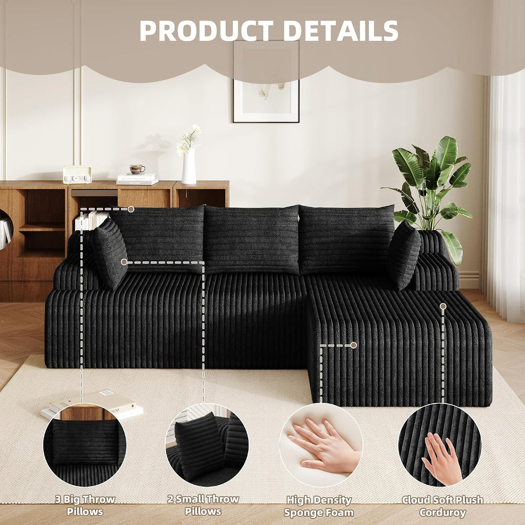 2026 New Boneless Couch, No Assembly Cloud Couch Sectional with Deep Seat & Chaise for Small Space, Upholstered Boneless Sectional Couch for Living Room, L Shaped Couch with Right Facing Chaise, Black