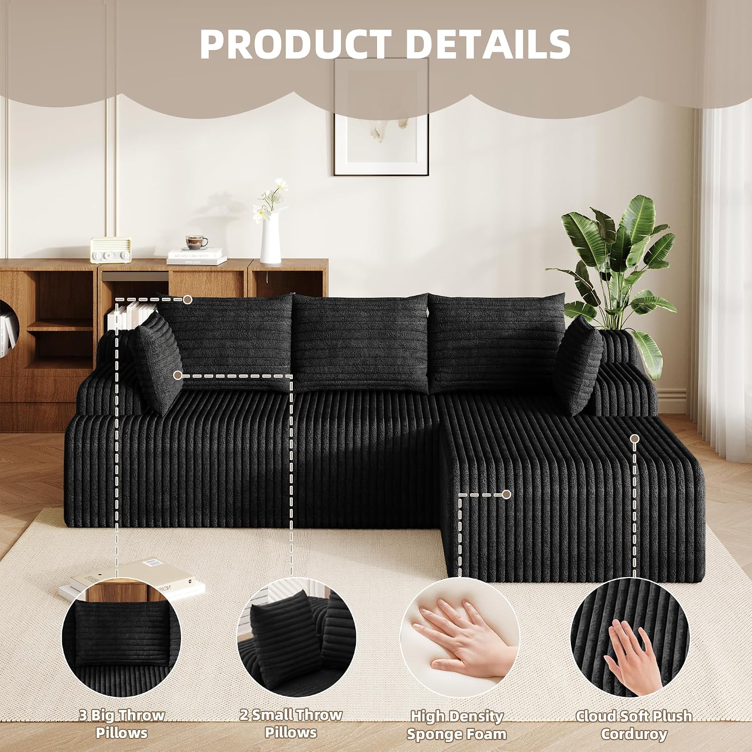 2026 New Boneless Couch, No Assembly Cloud Couch Sectional with Deep Seat & Chaise for Small Space, Upholstered Boneless Sectional Couch for Living Room, L Shaped Couch with Right Facing Chaise, Black